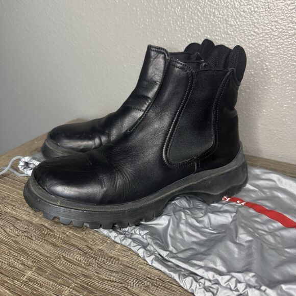 PRADA Chelsea Boots 37 Italy Black Leather Platform 2" All Weather US Size 7 - Picture 1 of 13